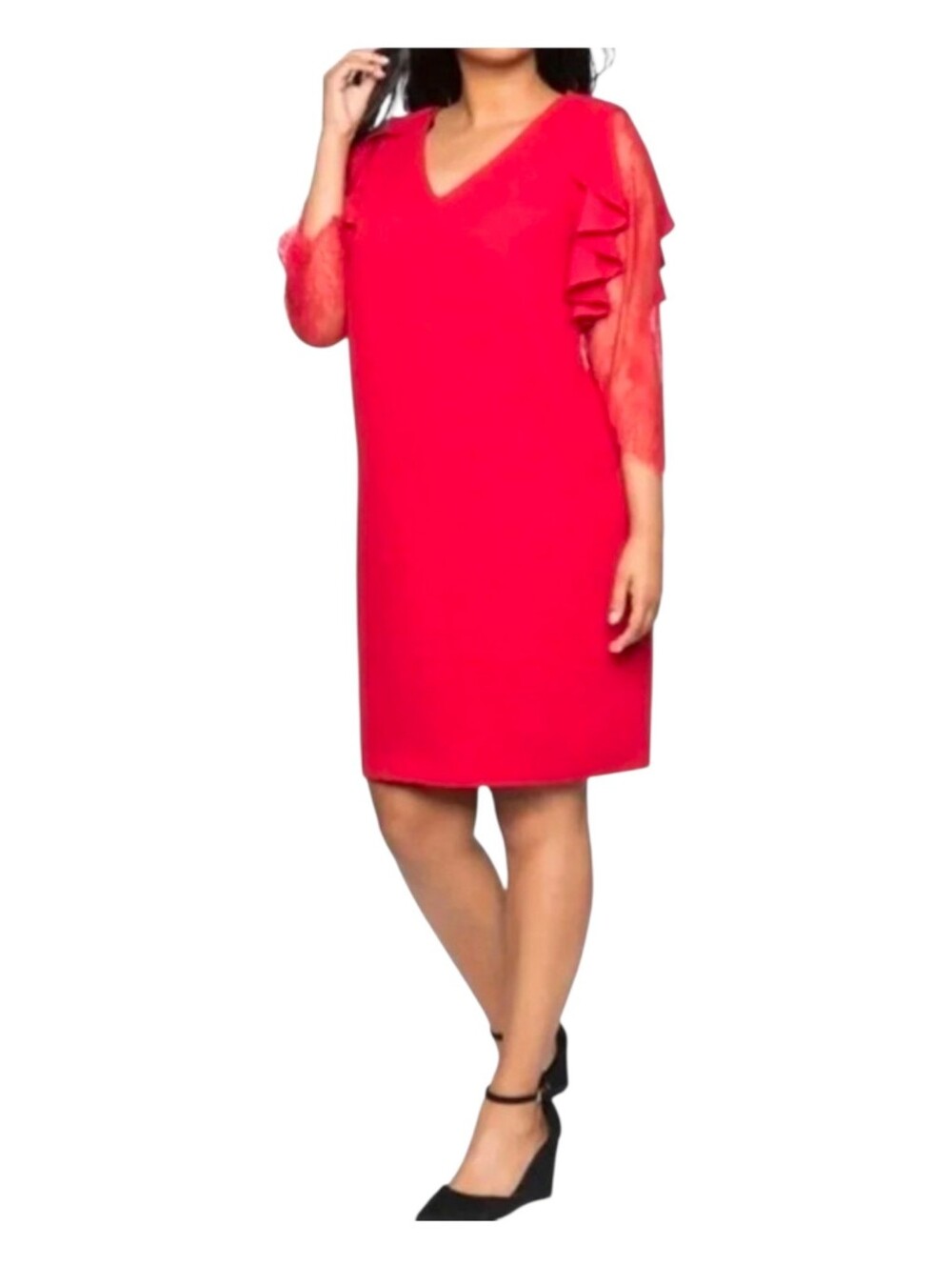 ELOQUII Size 18 Red Shift Dress With Ruffle Detail And Lace Sleeves Chic EUC